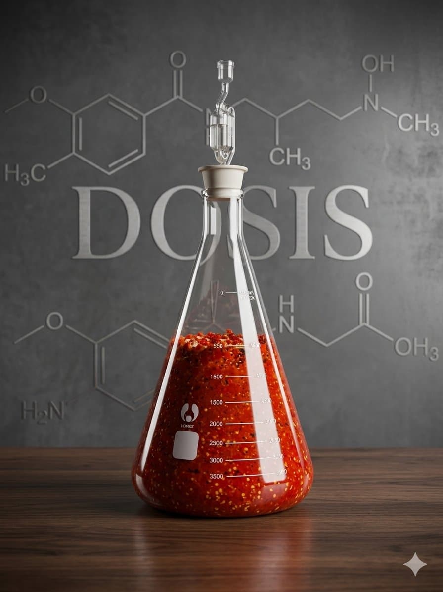 Matraz Erlenmeyer con salsa DOSIS en proceso de fermentación probiótica